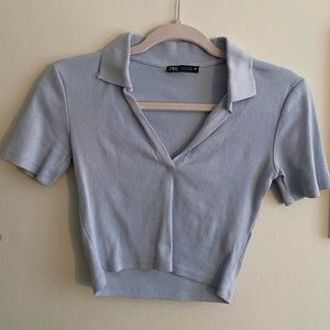 light blue zara collared crop top